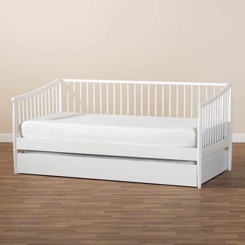 Renata Twin Size Spindle Daybed with Trundle Classic White Wood Design for Versatile Sleeping and Seating Solutions