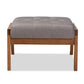 Naeva Footstool Mid-Century Modern Grey Fabric Upholstered with Walnut Base Stylish Accent for Living Room or Bedroom