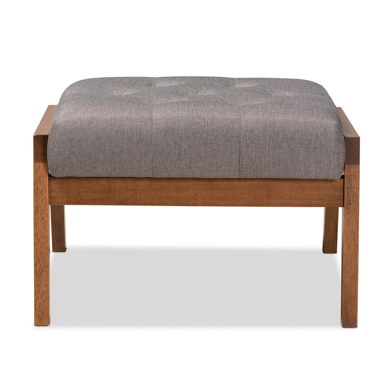 Naeva Footstool Mid-Century Modern Grey Fabric Upholstered with Walnut Base Stylish Accent for Living Room or Bedroom