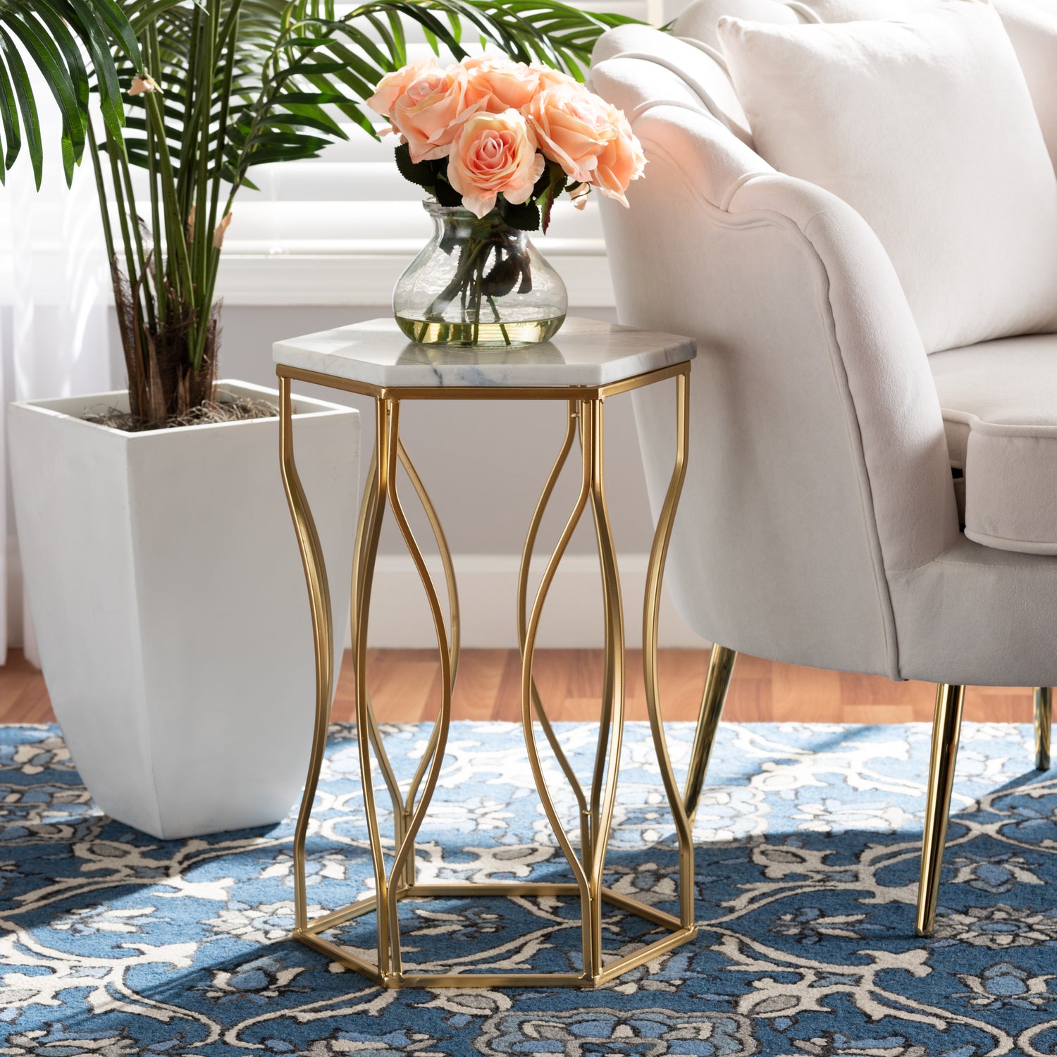 Kalena Modern Gold Metal End Table with Marble Top Contemporary Accent Furniture for Living Room or Bedroom