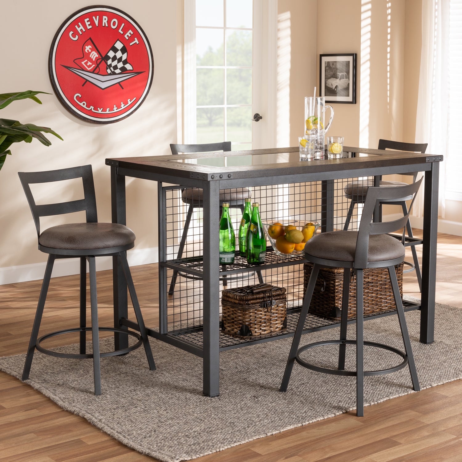 Arjean 5-Piece Pub Set Rustic Industrial Grey Fabric Upholstered Dining Furniture for Stylish Home Decor