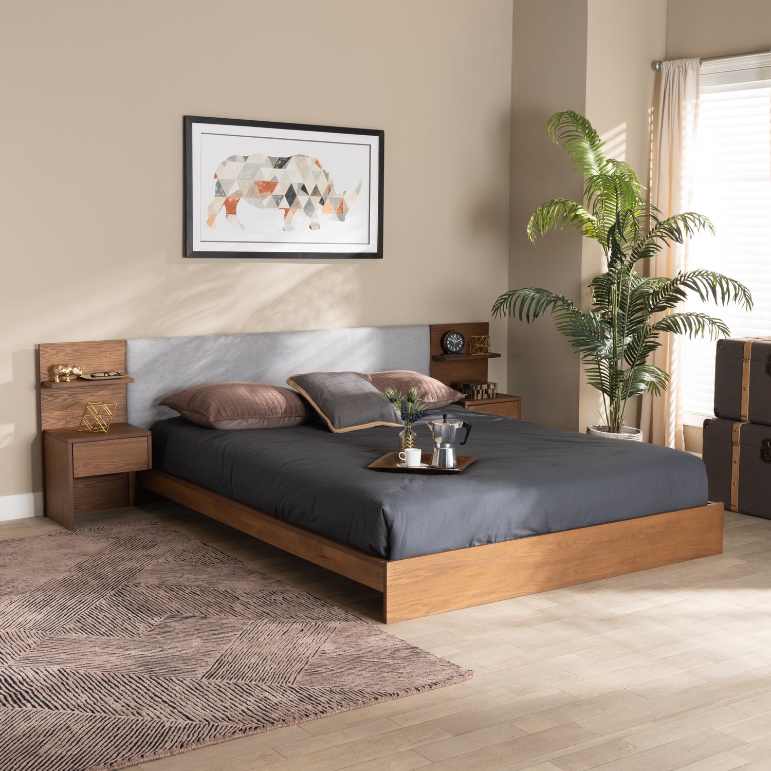 Sami Queen Size Platform Bed Modern Light Grey Fabric Upholstered with Walnut Brown Finished Wood