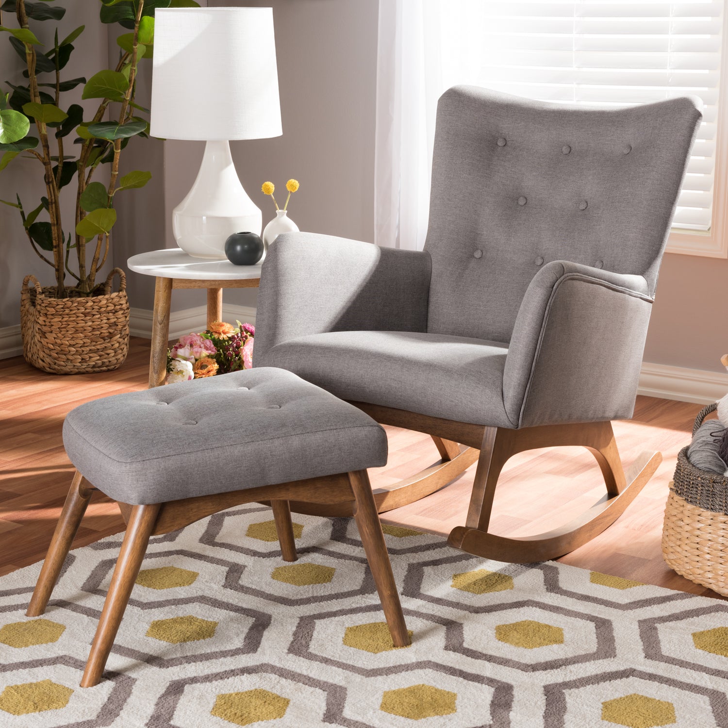 Waldmann Mid-Century Modern Rocking Chair and Ottoman Set in Grey Fabric for Stylish Living Room Comfort