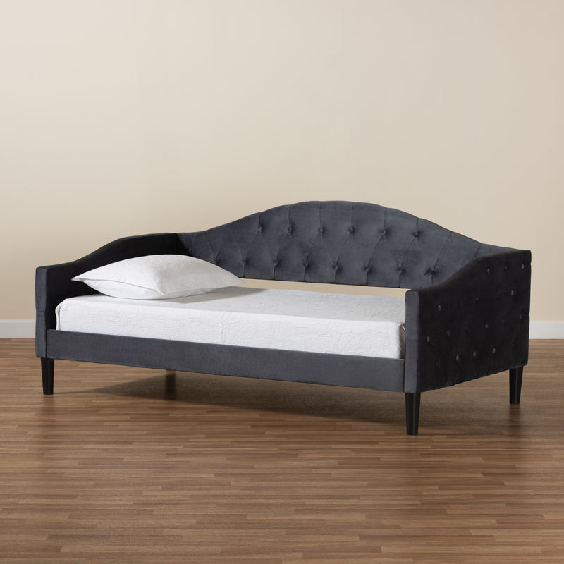 Benjamin Daybed - Modern and Contemporary Grey Velvet Fabric Upholstered with Dark Brown Finished Wood