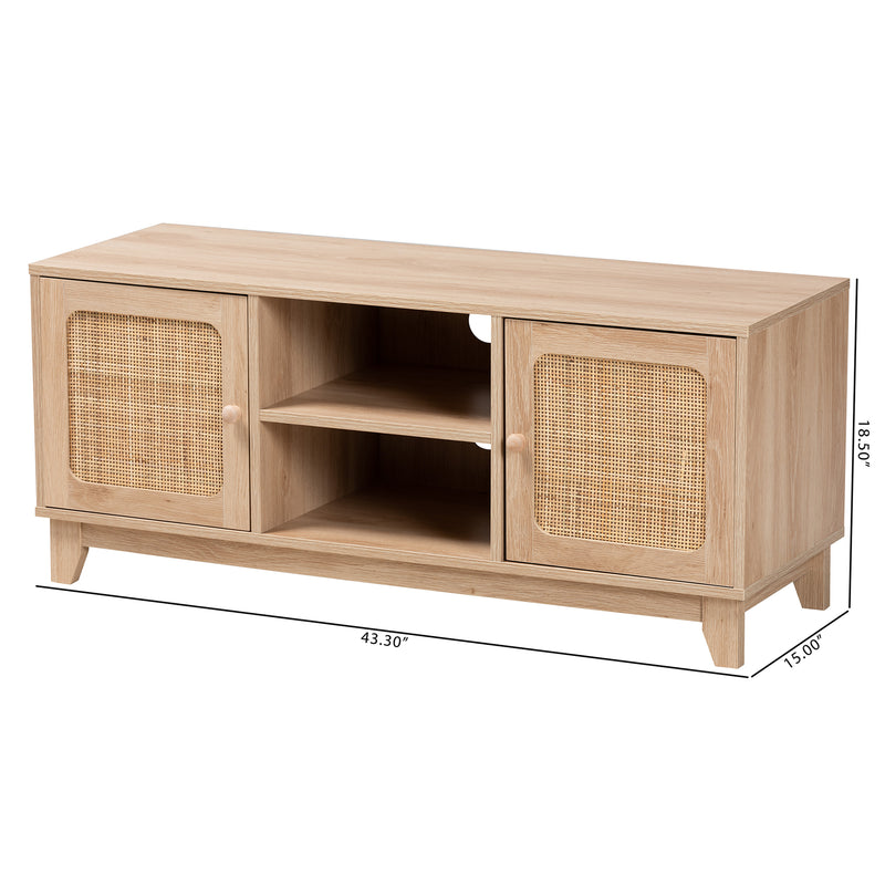 Elsbeth TV Stand Mid-Century Modern Light Brown Wood with Natural Rattan 2-Door Entertainment Center for Living Room Storage and Display