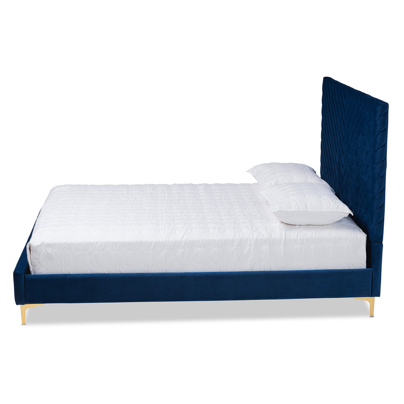 Fabrico Platform Bed - Contemporary Glam and Luxe Navy Blue Velvet Upholstered with Gold Metal