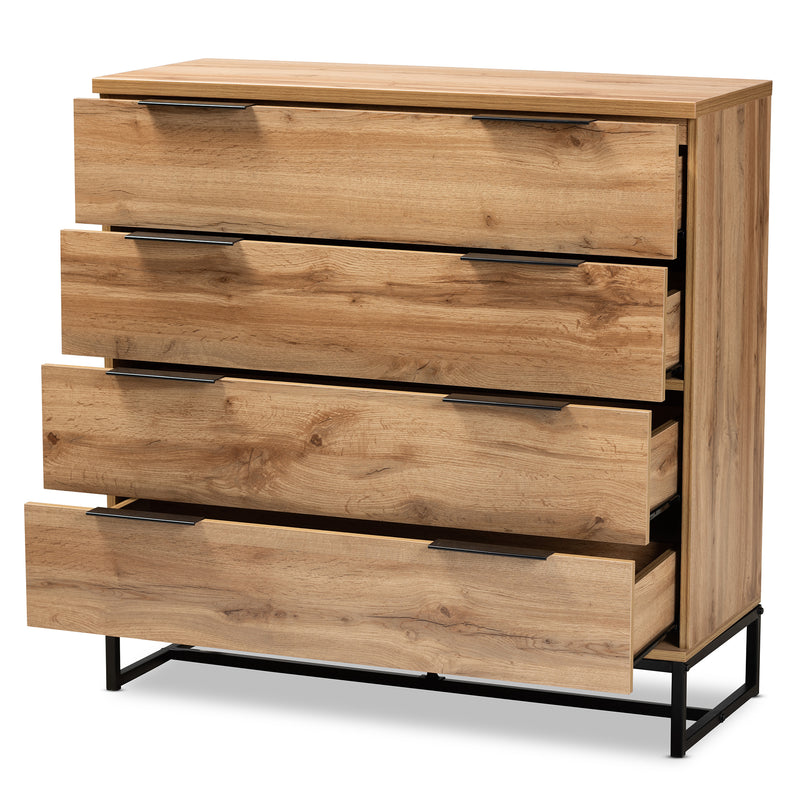 Reid 4-Drawer Dresser in Modern Industrial Style with Oak Finish and Black Metal Accents