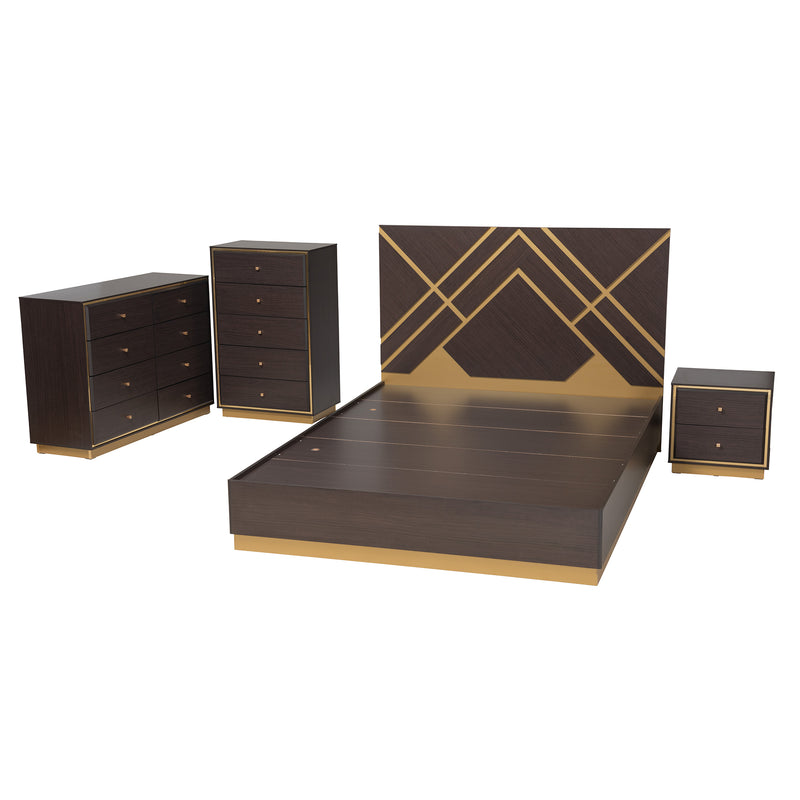 Arcelia Queen Size Bedroom Set Contemporary Glam 4-Piece Collection in Two-Tone Dark Brown and Gold Finished Wood with Stylish Storage Chest