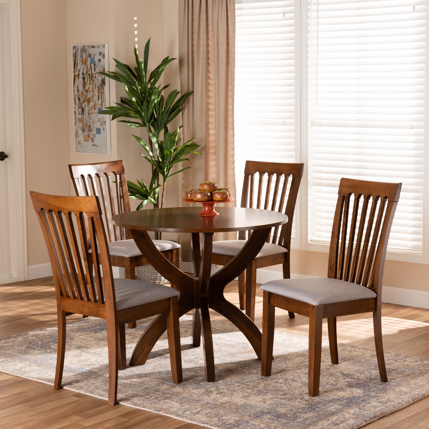 Bailey 5-Piece Dining Set Modern Grey Fabric Upholstered Chairs with Walnut Brown Finished Wood Table