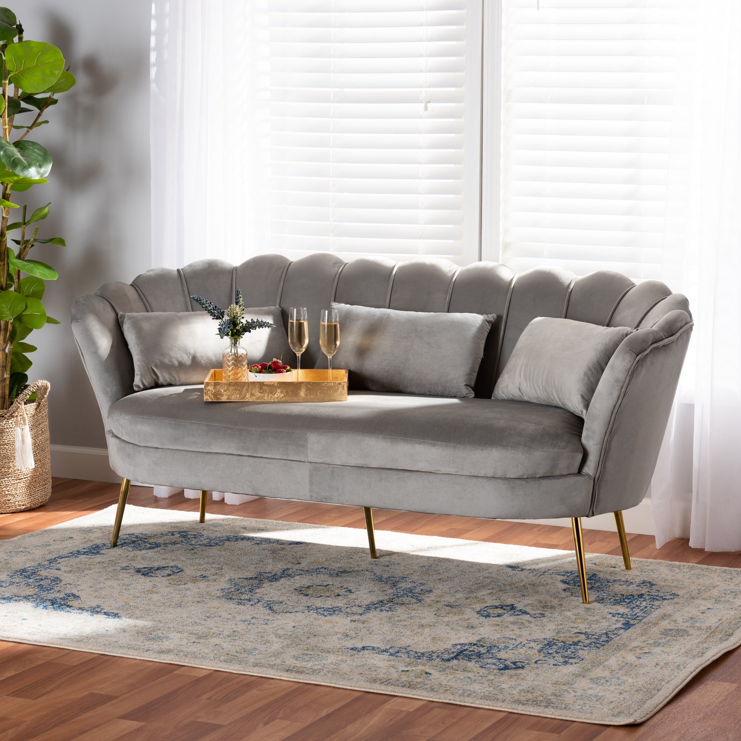 Genia Sofa: Contemporary Glam Luxe Grey Velvet Upholstered with Gold Accents