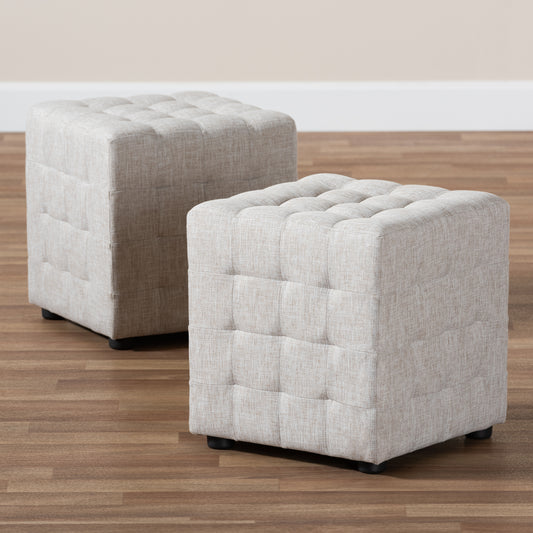 Elladio Ottoman Set of 2 Modern Contemporary Beige Fabric Upholstered Tufted