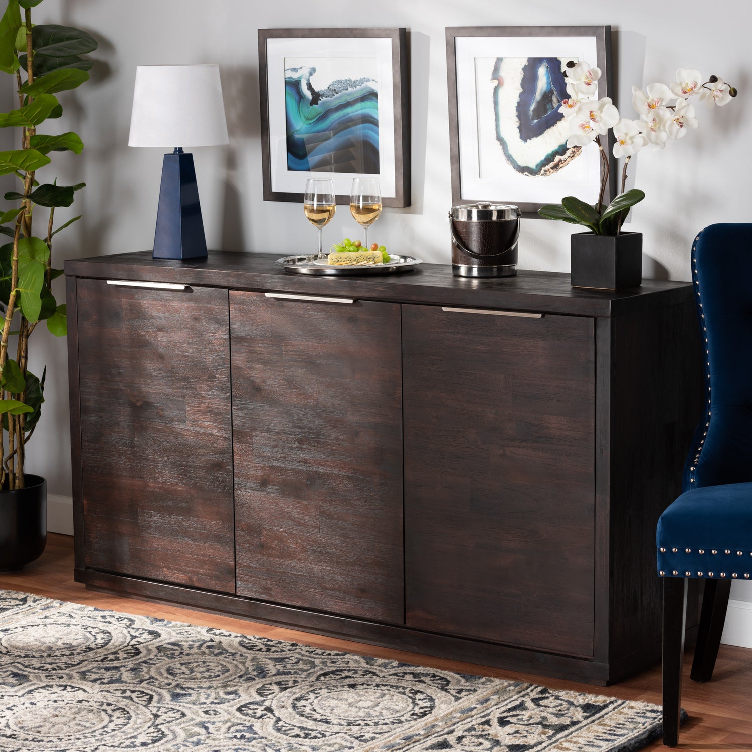 Titus Modern Dark Brown Wood 3-Door Sideboard Buffet for Dining Room Storage and Organization