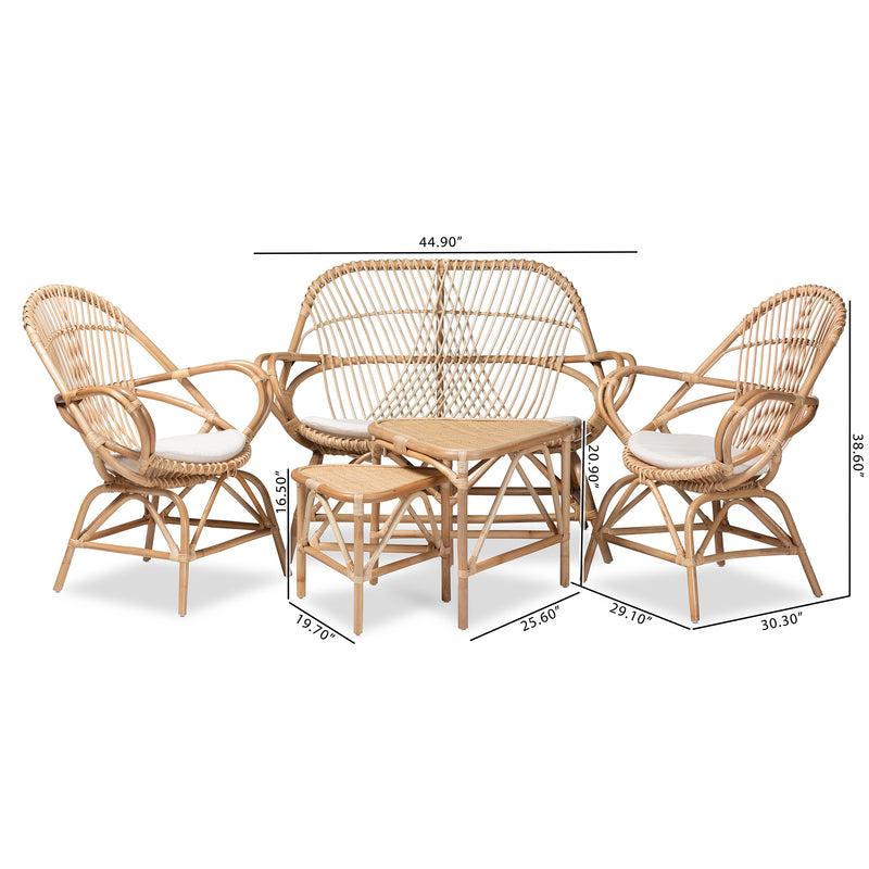 Jayden Living Room Set Modern Bohemian 5-Piece Collection with White Fabric Upholstery and Natural Brown Rattan Finish