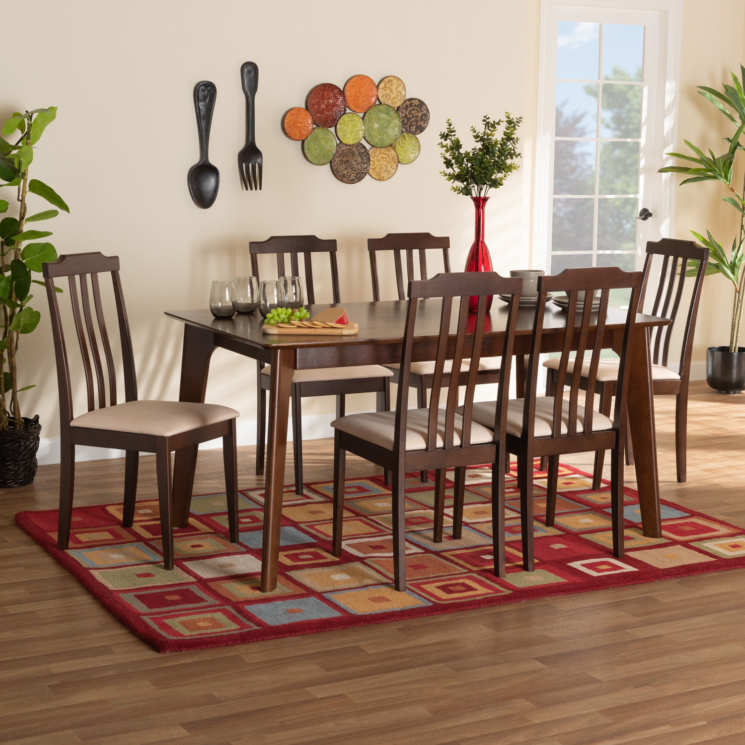 Clarissa Dining Set Mid-Century Modern 7-Piece Cream Fabric and Dark Brown Wood Furniture for Elegant Dining Rooms