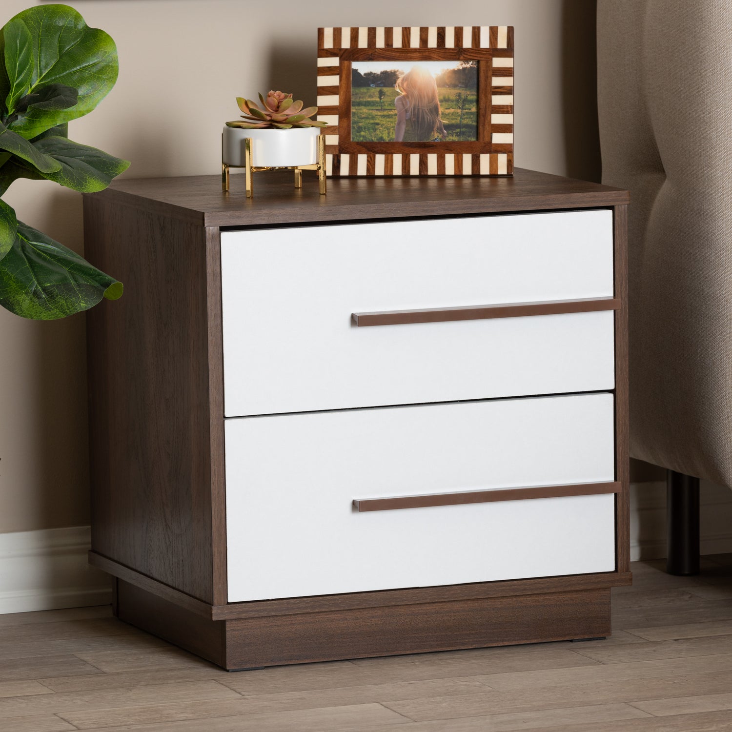 Mette Mid-Century Modern Nightstand - Two-Tone White and Walnut 2-Drawer Wood Nightstand for Bedroom Storage and Style