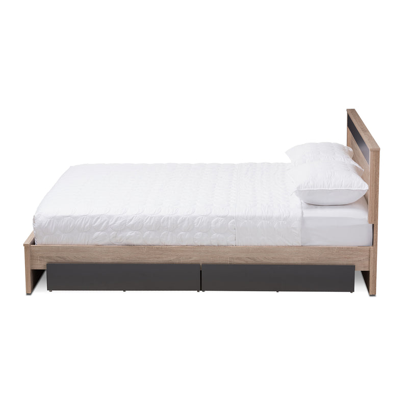 Jamie Queen Size Storage Platform Bed - Modern Two-Tone Oak and Grey Wood with 2 Drawers for Enhanced Organization and Style