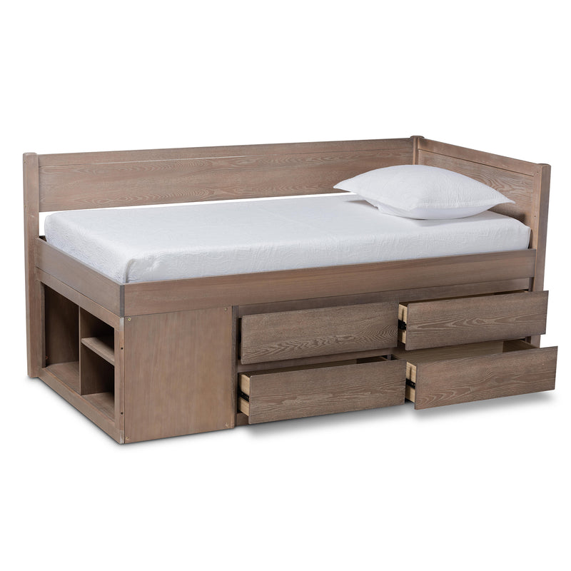 Levon Twin Size Storage Bed - Modern Design with Antique Oak Finish and 4 Drawers for Enhanced Organization