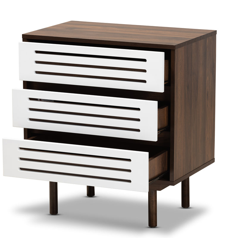 Meike Mid-Century Modern Nightstand - Two-Tone Walnut Brown and White Wood with 3 Drawers for Stylish Bedroom Storage