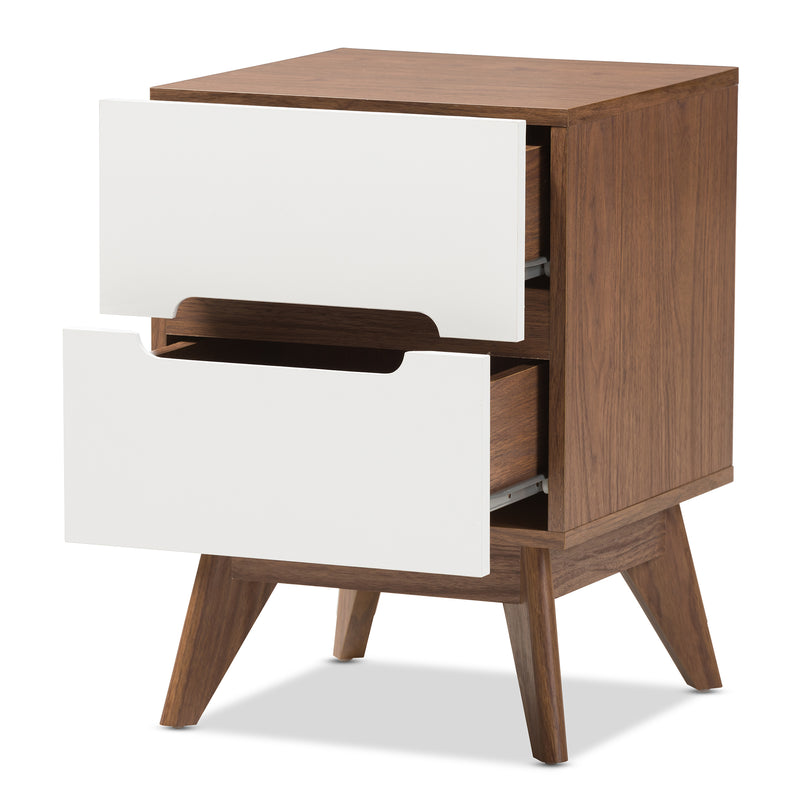 Calypso Mid-Century Modern Nightstand with 3 Drawers in White and Walnut for Stylish Bedroom Storage