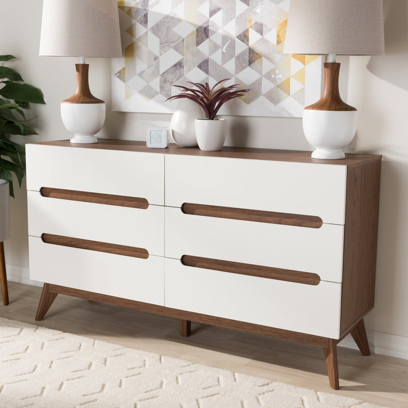 Calypso Mid-Century Modern 6-Drawer Storage Dresser in White and Walnut for Stylish Bedroom Organization