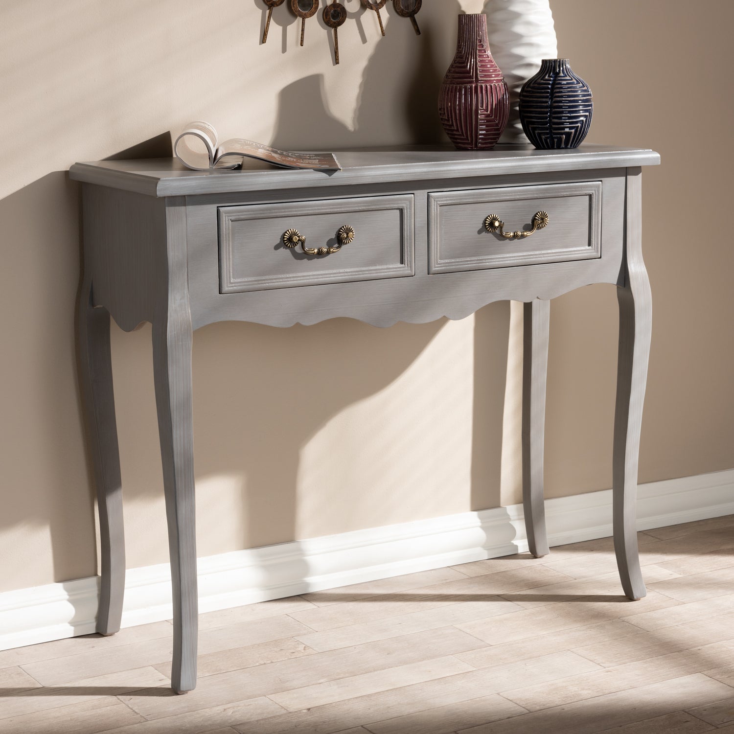 Capucine Console Table Antique French Country Style Gray Wood 2-Drawer Design for Living Room or Entryway Storage