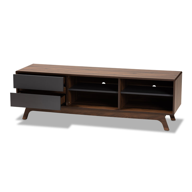 Koji TV Stand - Mid-Century Modern Two-Tone Grey and Walnut Wood with 2 Drawers for Stylish Living Room Storage