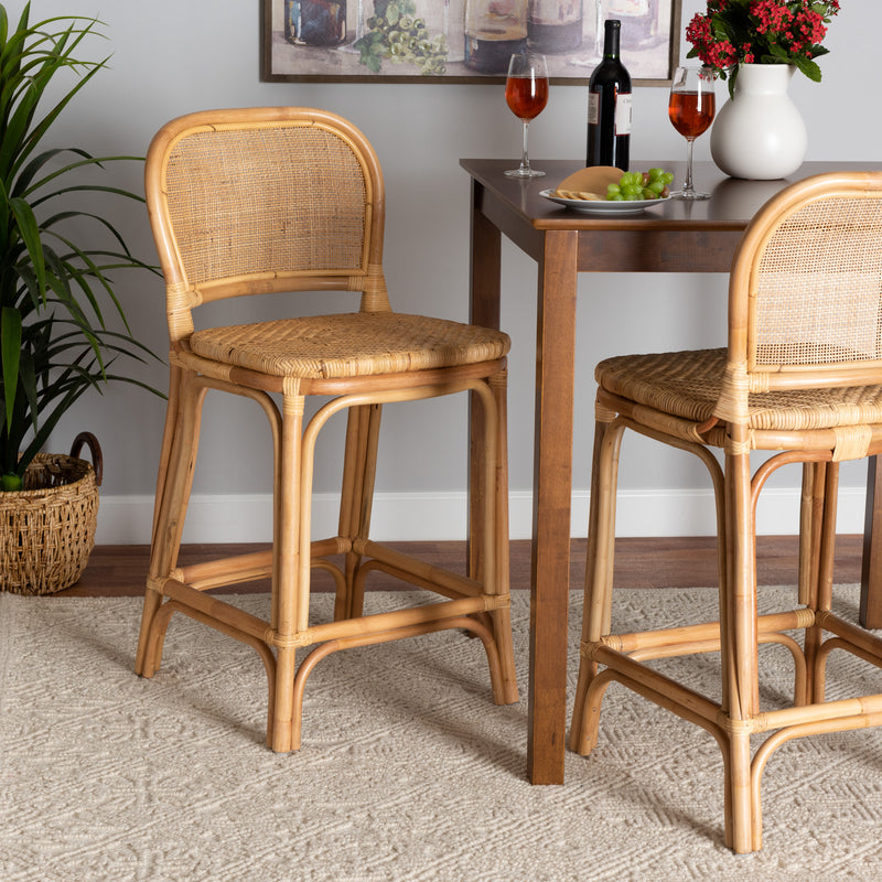 Adrena Counter Stool - Modern Bohemian Natural Brown Rattan Design for Stylish Decor and Comfortable Seating