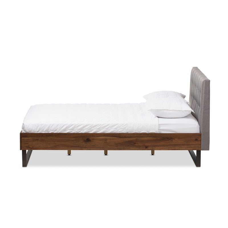 Mitchell Platform Bed - Rustic Industrial Walnut Wood with Grey Fabric and Dark Bronze Metal