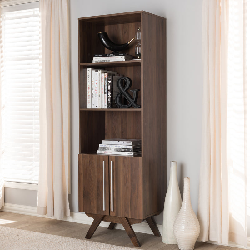 Ashfield Mid-Century Modern Bookcase in Walnut Brown Finished Wood - Stylish Storage Solution for Home or Office with Sleek Lines and Ample Shelves