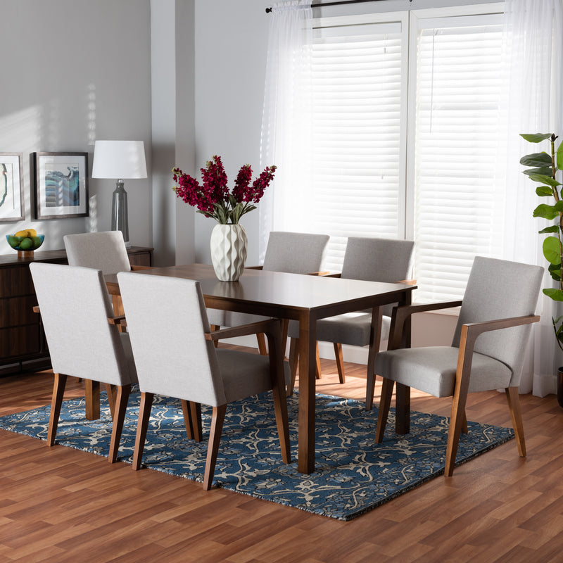 Glenda Dining Set Mid-Century Modern 7-Piece Collection with Greyish Beige Upholstery and Walnut Brown Finished Wood