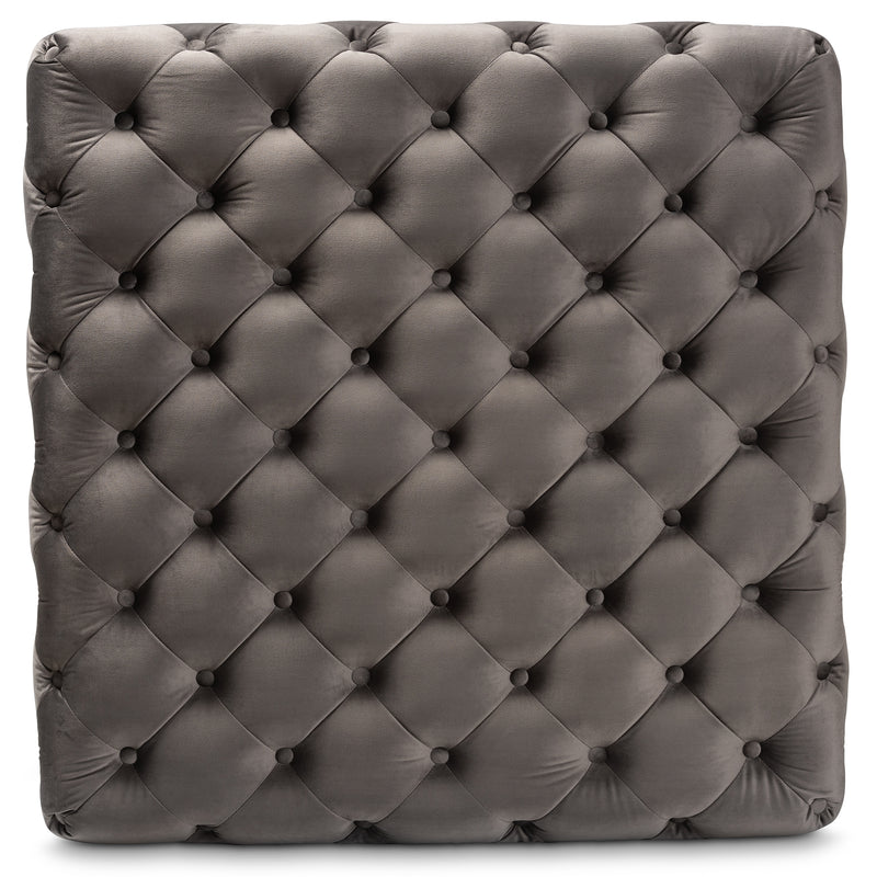 Verene Ottoman Glam and Luxe Grey Velvet Fabric Upholstered Gold Finished Square Cocktail