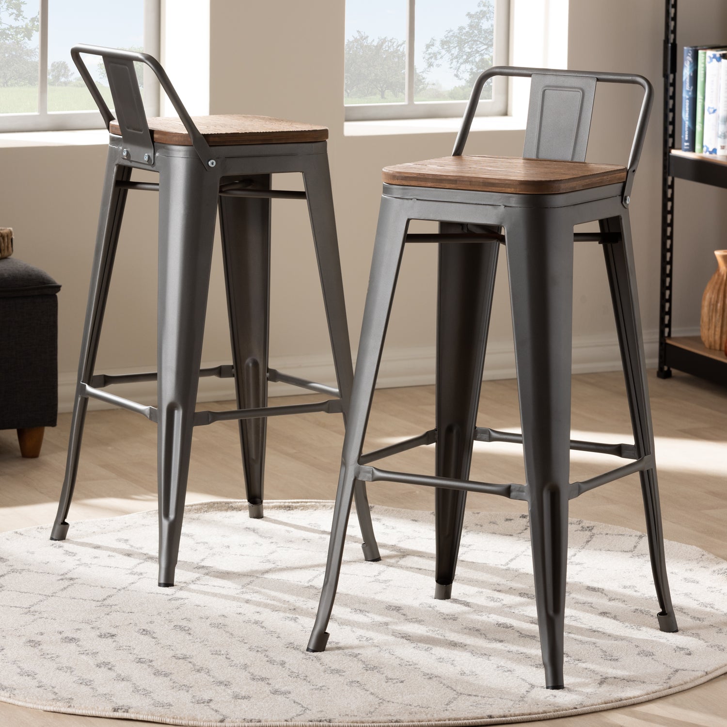 Henri Stackable Bar Stool Vintage Rustic Industrial Style Tolix-Inspired Design with Bamboo Seat and Gun Metal Steel Frame Backrest