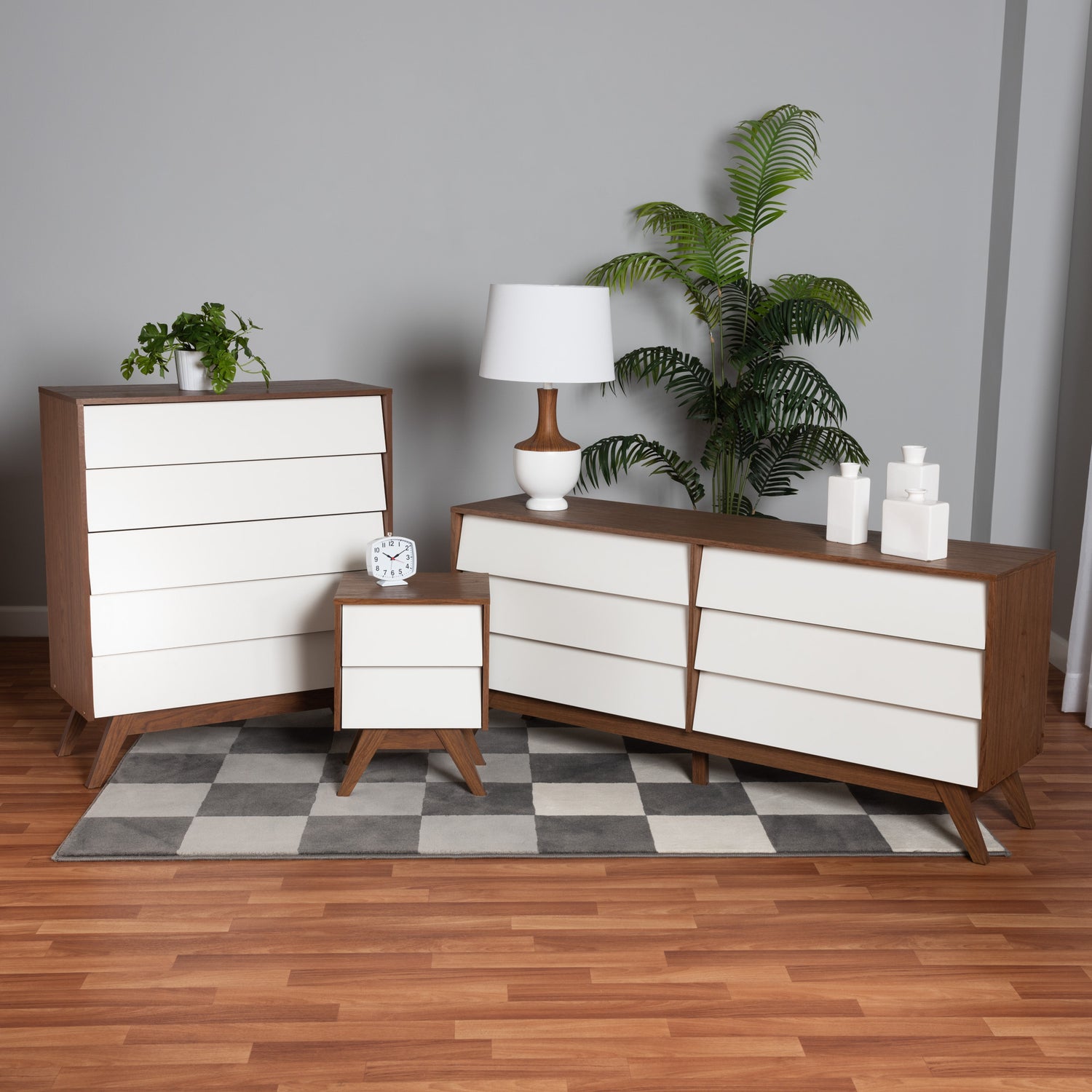 Hildon Mid-Century Modern 3-Piece Storage Set in Two-Tone White and Walnut Finished Wood for Stylish Organization and Décor