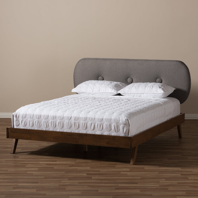 Penelope Platform Bed - Mid-Century Modern Solid Walnut Wood with Grey Fabric Upholstery