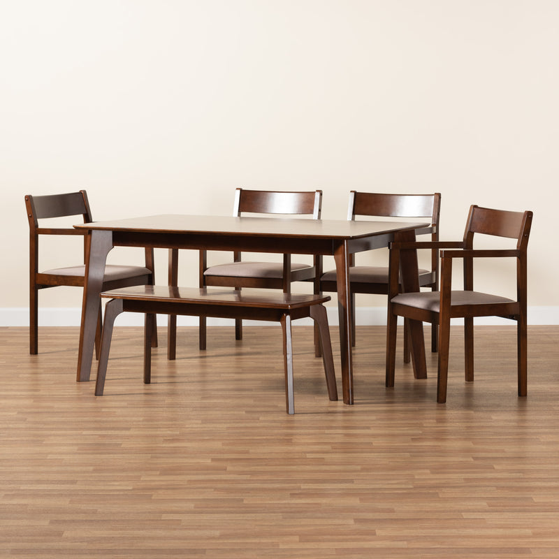 Helene Dining Set Mid-Century Modern 6-Piece Collection in Warm Grey Fabric and Dark Brown Wood Finish