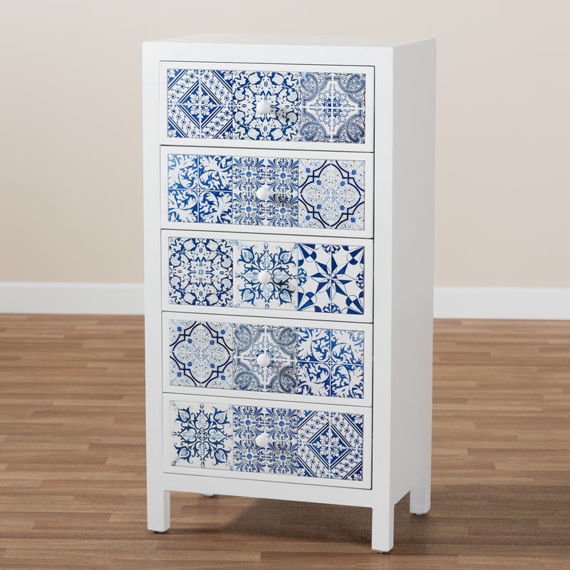 Alma Accent Storage Cabinet Spanish Mediterranean Inspired 5-Drawer Design with White Wood and Blue Floral Tile