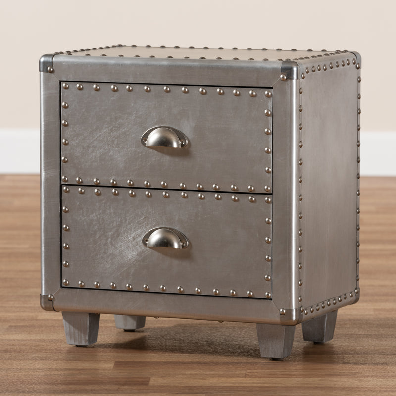 Davet Industrial End Table French Silver Metal 2-Drawer Nightstand for Living Room or Bedroom