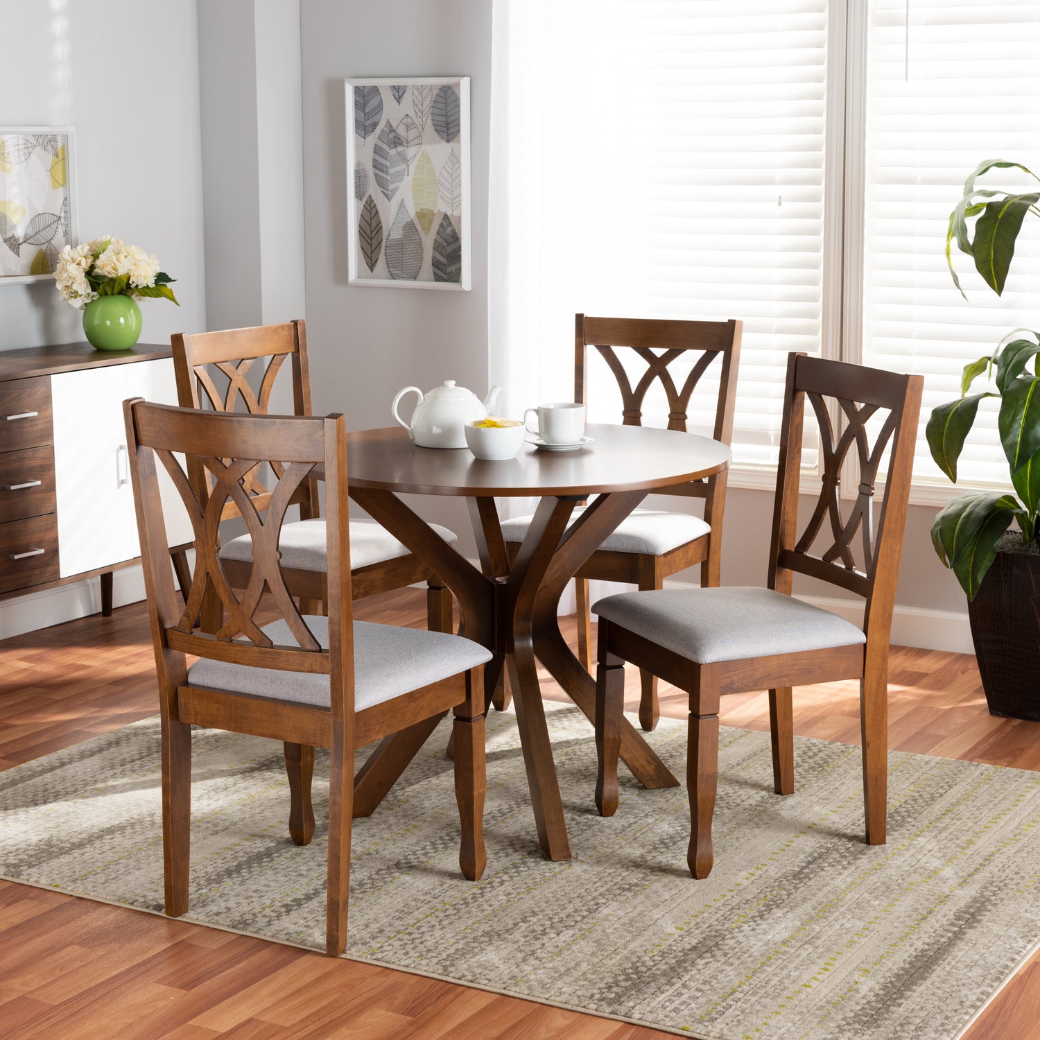 Maya 5-Piece Dining Set Modern Grey Fabric Upholstered Chairs with Walnut Brown Finished Wood Table