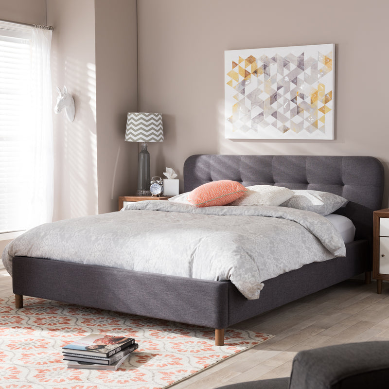 Germaine King Size Platform Bed - Mid-Century Modern Dark Grey Fabric with Grid Tufting for Stylish Bedroom Decor