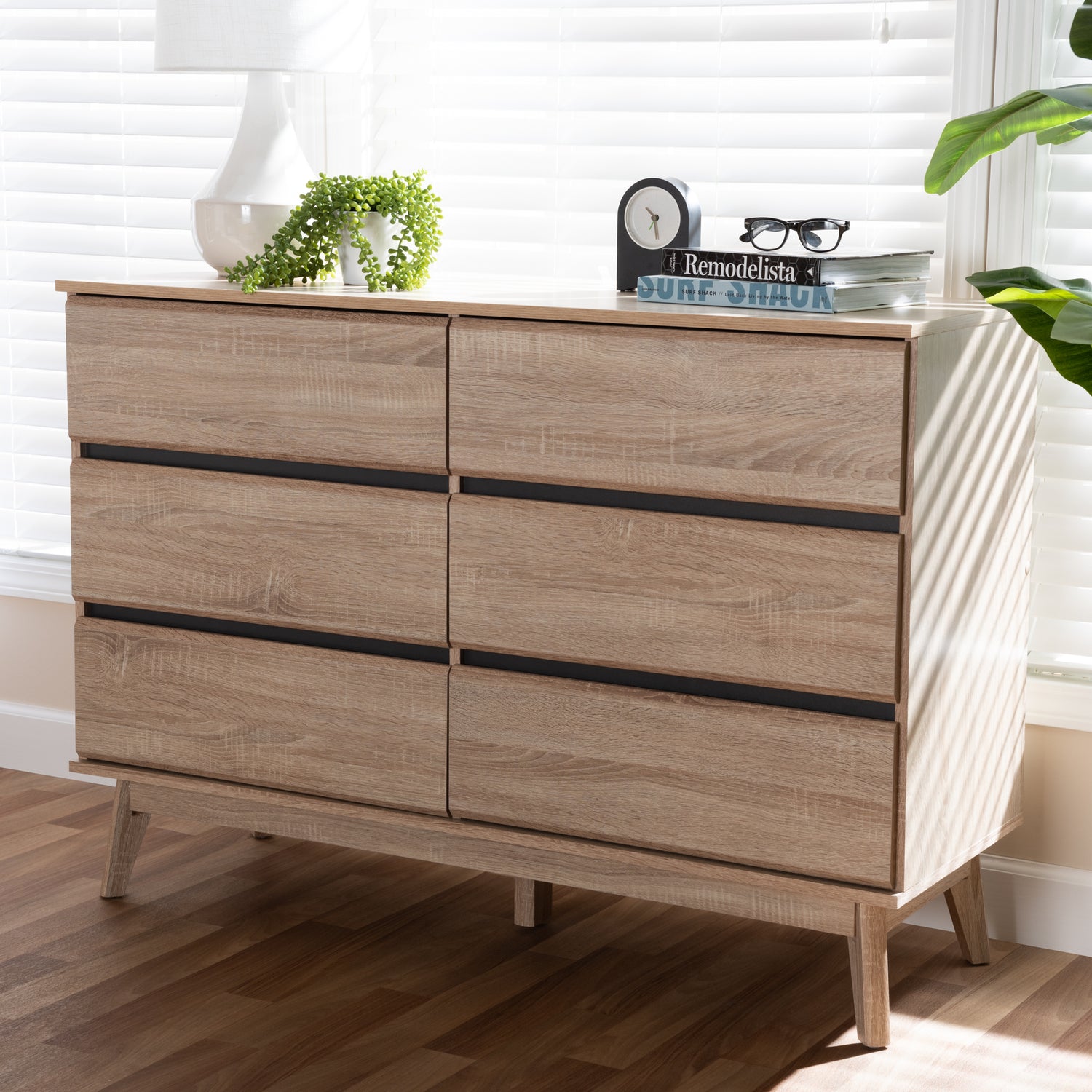 Miren Mid-Century Modern Dresser with 6 Drawers in Light Oak and Dark Grey for Stylish Bedroom Storage