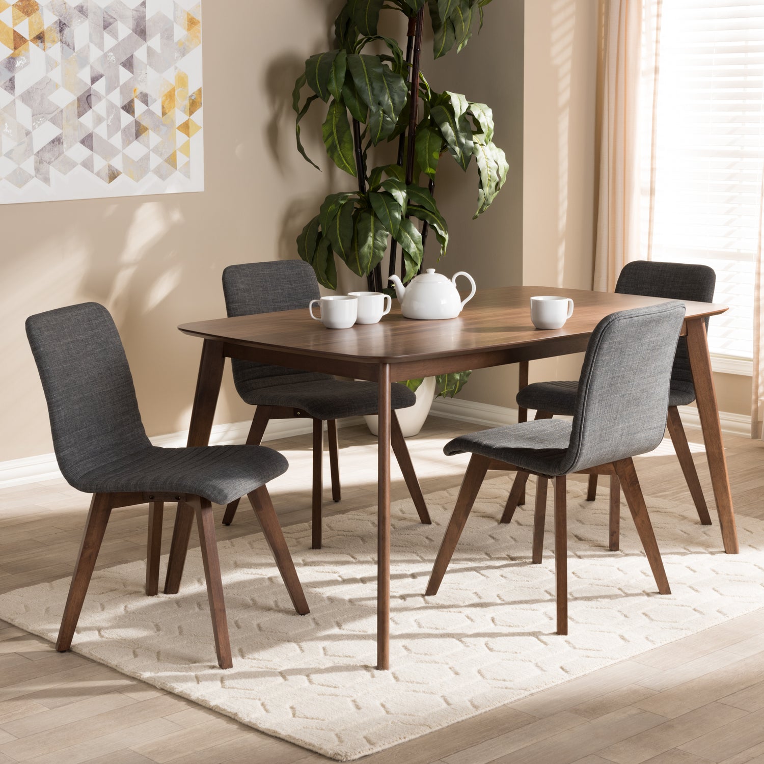 Sugar Dining Set Mid-Century Modern Dark Grey Fabric Upholstered Walnut Wood Finished 5-Piece