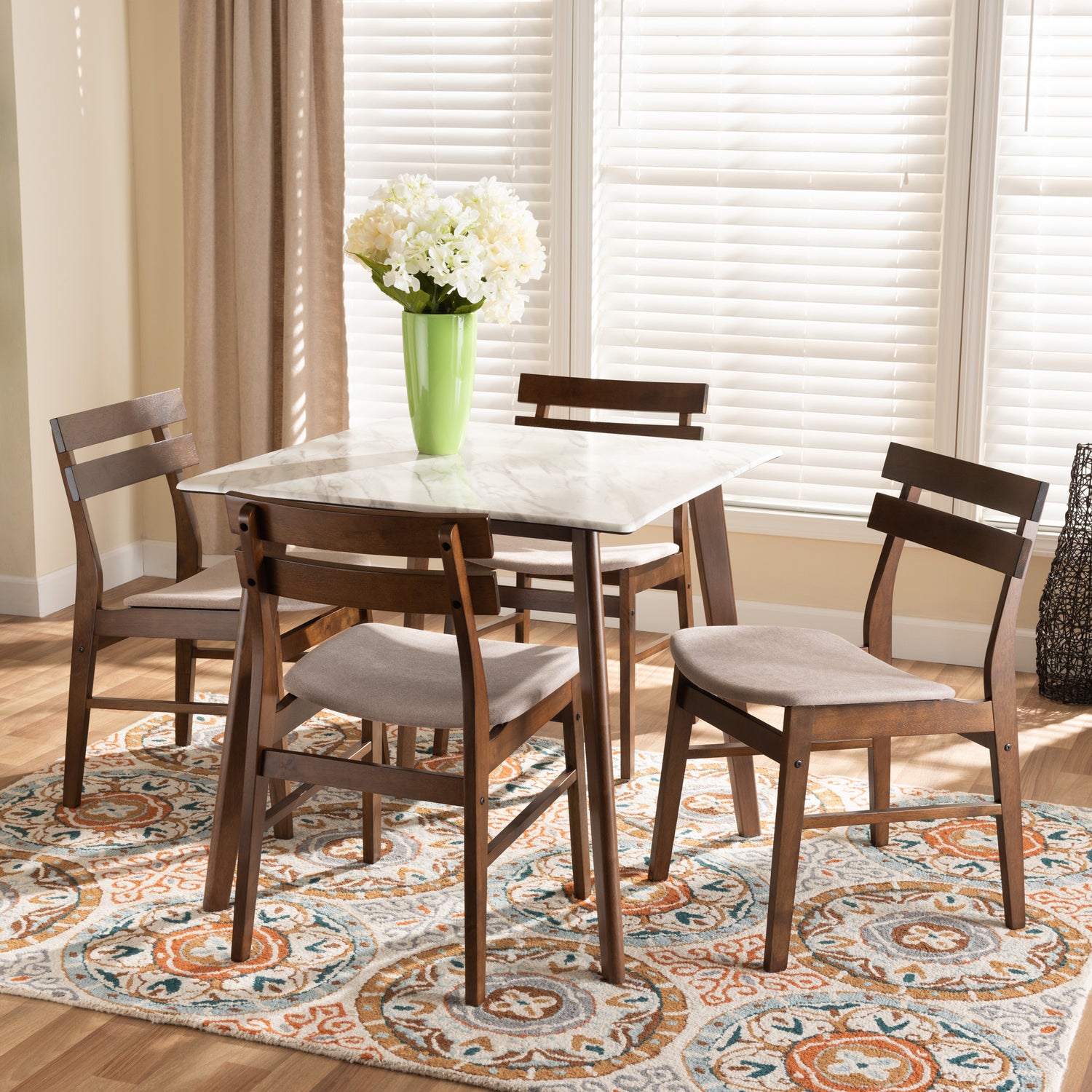 Richmond Dining Set Mid-Century Modern Light Beige Fabric Upholstered Walnut Brown Finished Wood 5-Piece with Faux Marble Table