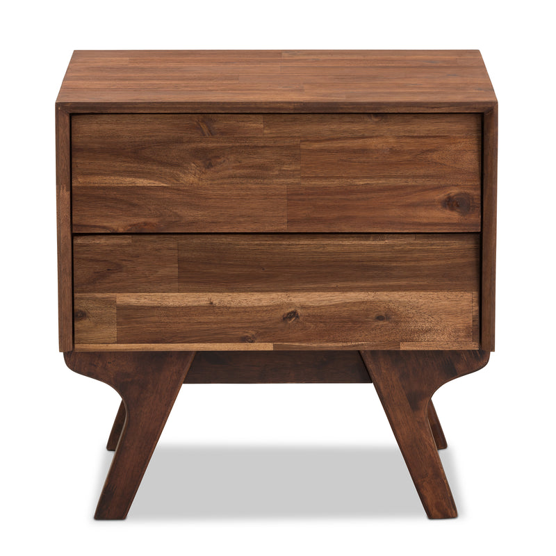 Sierra Mid-Century Modern Nightstand Brown Wood 2-Drawer Bedside Table with Stylish Design and Functional Storage