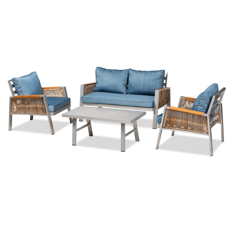 Nicholson Outdoor Patio Lounge Set Modern 4-Piece Design with Blue Fabric Upholstery, Grey Metal Frame, and Brown PE Rattan