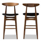 Flora Bar Stool Set of 2 Mid-Century Modern Black Faux Leather Upholstered with Walnut Finish