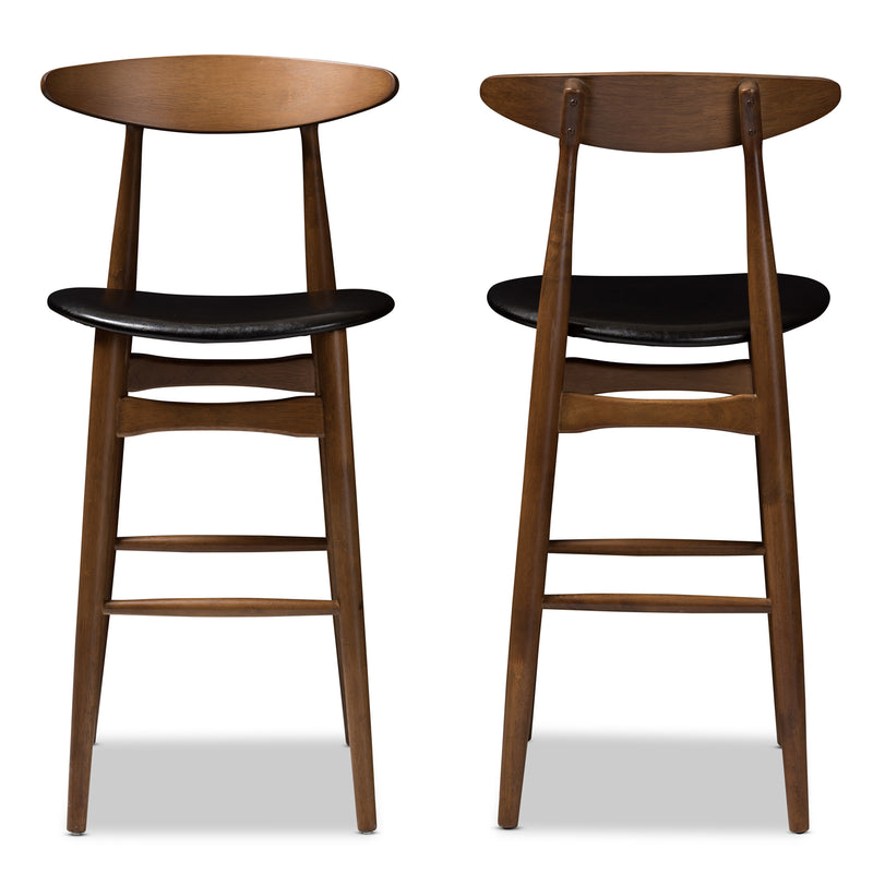 Flora Bar Stool Set of 2 Mid-Century Modern Black Faux Leather Upholstered with Walnut Finish