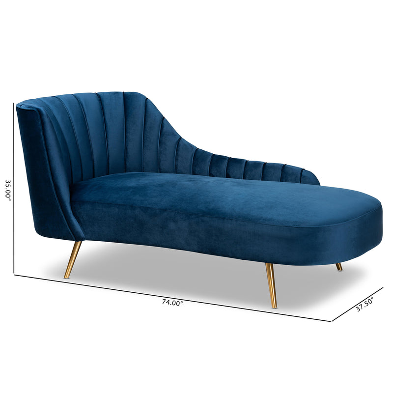 Kailyn Glam Luxe Chaise Lounge Navy Blue Velvet with Gold Finished Legs