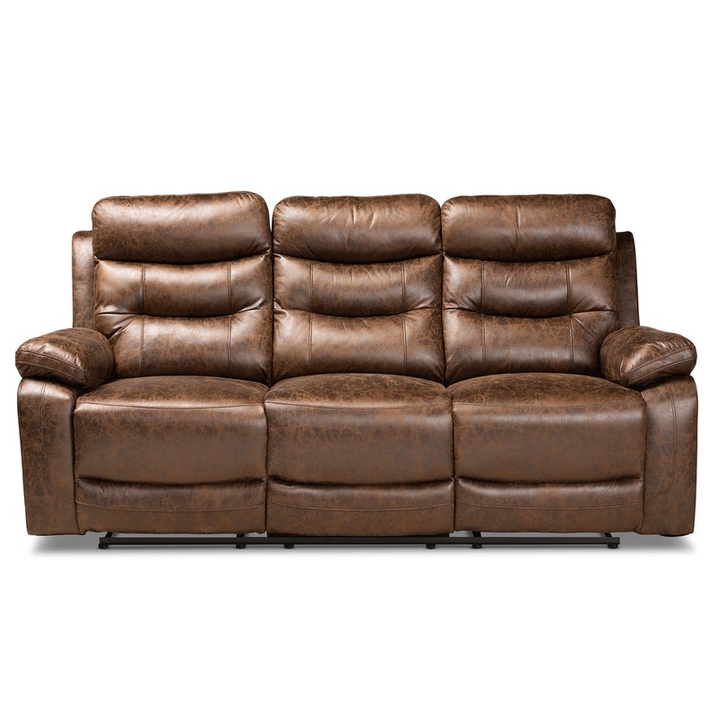 Beasley Reclining Sofa - Modern 3-Seater in Distressed Brown Faux Leather for Stylish Comfort and Relaxation