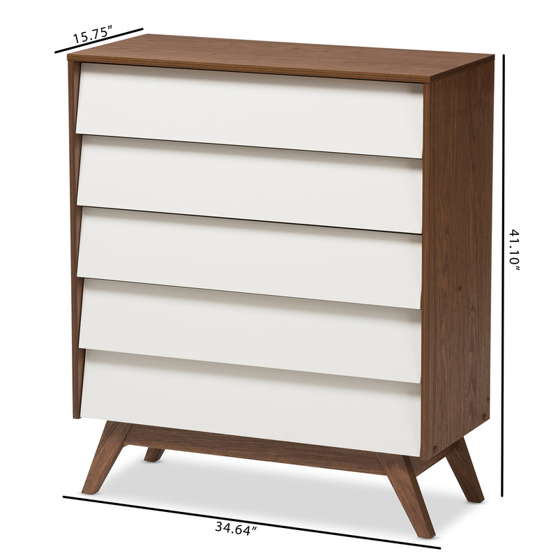 Hildon Mid-Century Modern 5-Drawer Storage Chest in White and Walnut for Stylish Organization and Home Décor