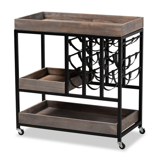 Laine Wine Cart - Modern Industrial Design with Charcoal Wood and Black Metal Accents